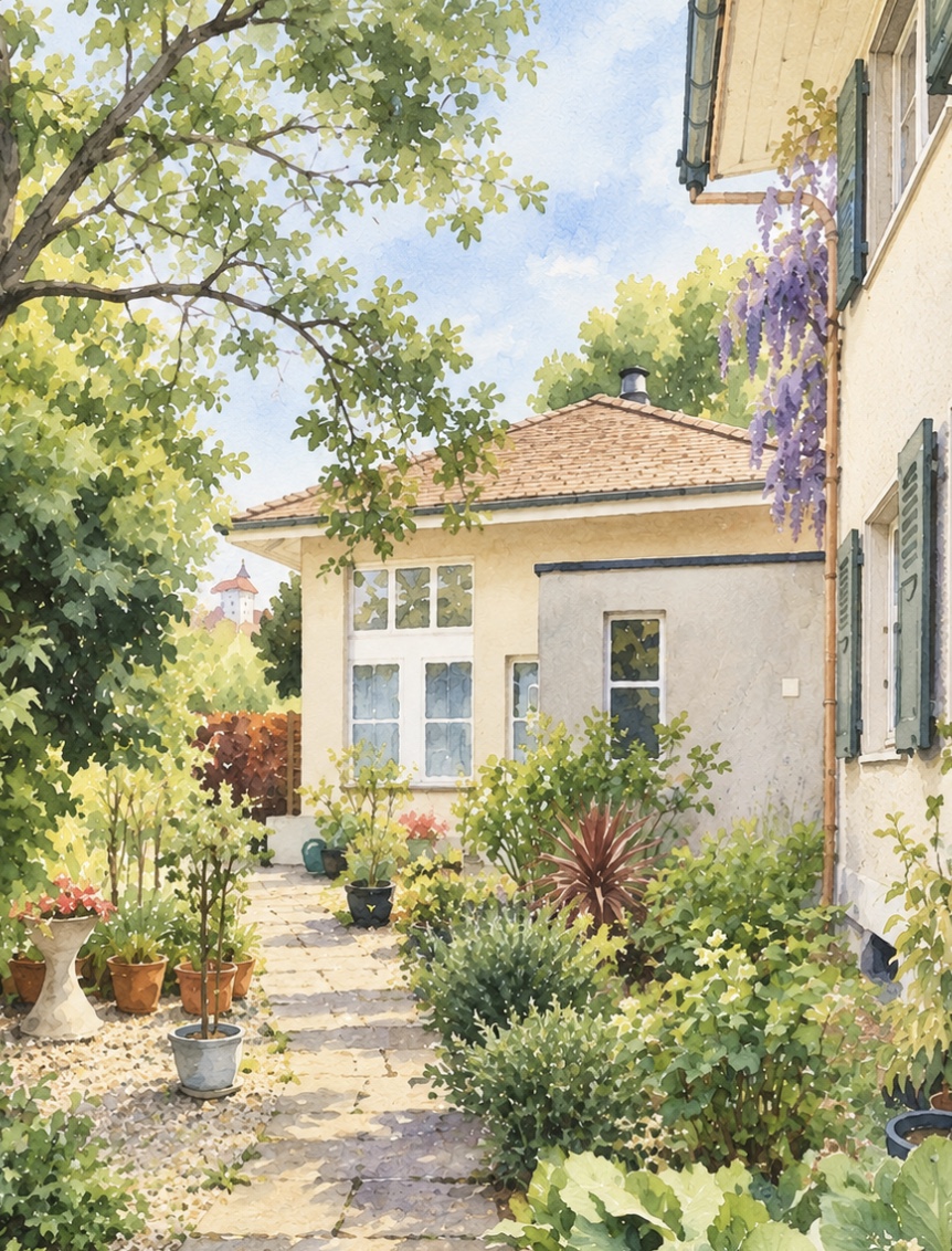Illustration des Gästehauses und Gartens von Bed & Brocki